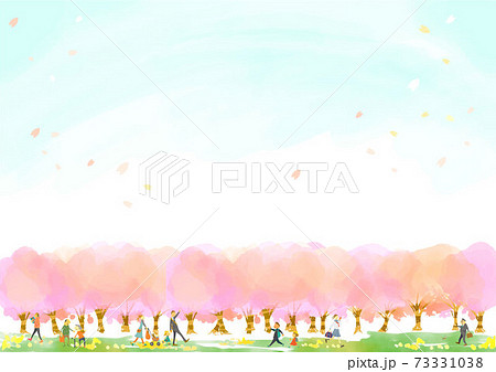 手描き水彩の桜並木と散歩する人々の背景素材イラストのイラスト素材
