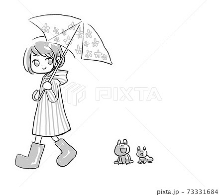 かえると傘をさす子ども 白黒のイラスト素材