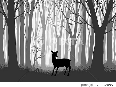 森と鹿のシルエットのイラスト素材