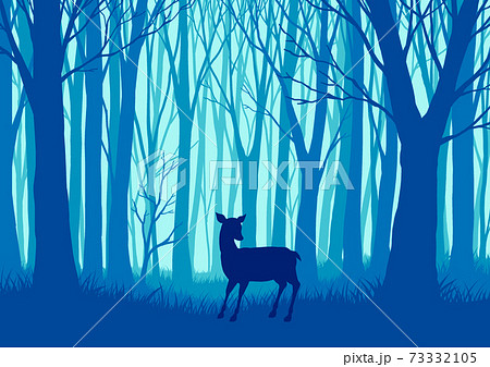 森と鹿のシルエットのイラスト素材
