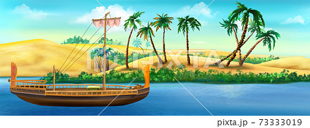 Ancient papyrus boat on the banks of the Nile river in Egypt 73333019