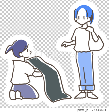 奄美大島紬の体験イラスト 着物を着付けする女性と反物を選ぶ女性のイラスト素材