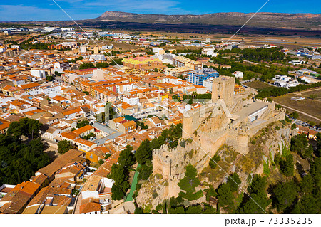 Fly over Almansa castle. City of Almansa. Spain 73335235