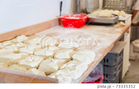 Prepared raw dough on tray in bakery 73335352