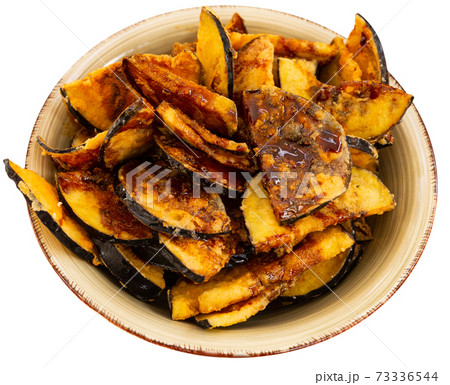 Plate with prepared food eggplants with honey Plate with prepared food eggplants with honey 73336544