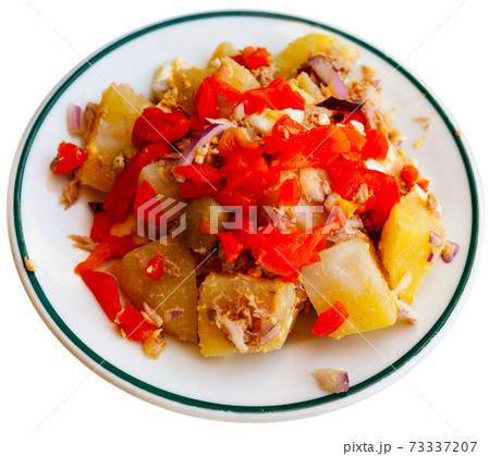 Potato salad with egg, canned tuna, onions, baked peppers and olives 73337207