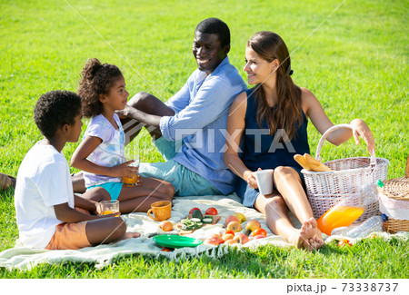 Couple with children at picnic Couple with children at picnic 73338737