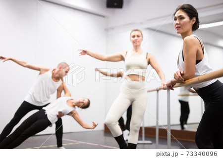 Girl ballerina on background of ballet dancers Girl ballerina on background of ballet dancers 73340096