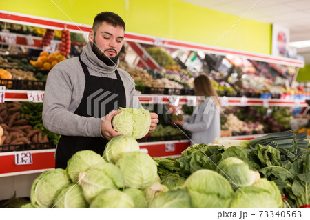 Male shop assistant lays fresh cabbage on counter in grocery shop Male shop assistant lays fresh cabbage on counter in grocery shop 73340563