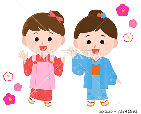 晴れ着 着物を着る女の子たち イラストのイラスト素材