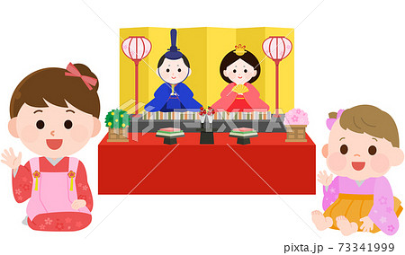 お雛祭りを祝う女の子と赤ちゃん イラスト お雛祭りを祝う女の子と赤ちゃん イラスト 73341999
