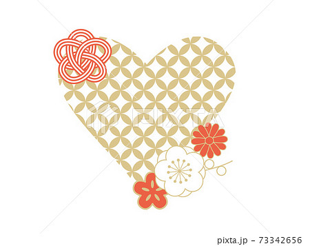 和柄のハート 水引と花 和風バレンタイン ホワイトデーのイラスト素材