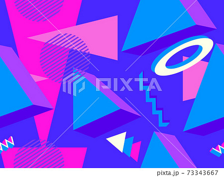 Geometric memphis seamless pattern in style of the 80s. Modern trendy background with 3d objects, virtual reality for promotional products, wrapping paper and printing. Vector illustration 73343667