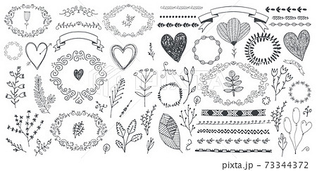 Vector set of floral decor, hand drawn doodle frames, dividers, borders, elements. Isolated. Vector set of floral decor, hand drawn doodle frames, dividers, borders, elements. Isolated. 73344372