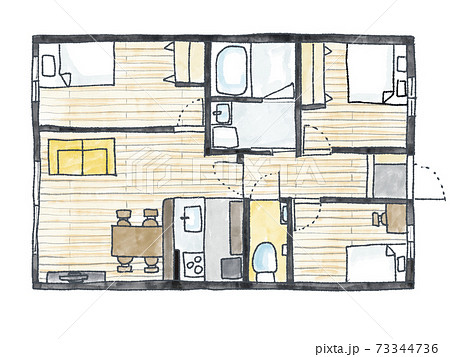 3kdk間取り カラー家具ありのイラスト素材
