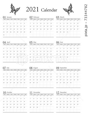 胡蝶 アゲハチョウ 21年のシンプルなモノクロのカレンダー 12カ月 ベクターのイラスト素材