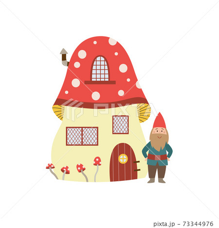 Cartoon gnome standing next to mushroom house - isolated elf Cartoon gnome standing next to mushroom house - isolated elf 73344976