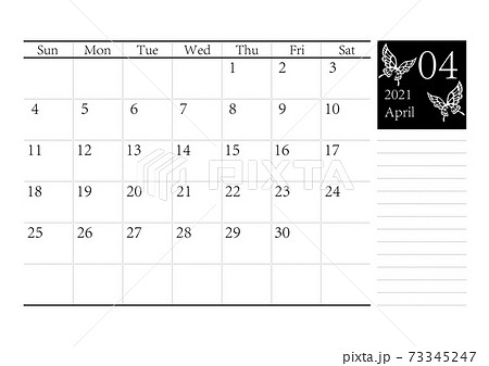 胡蝶 アゲハチョウのシンプルなモノクロのカレンダー 21年4月 ベクターのイラスト素材