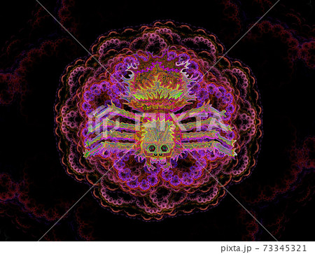 Unusual scary bright multicolor poisonous spider on bright flower, 3d render Unusual scary bright multicolor poisonous spider on bright flower, 3d render 73345321