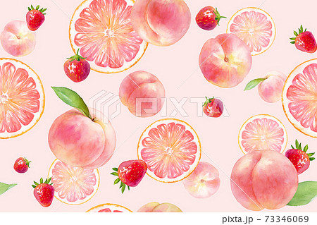 ピンク色のジューシーなフルーツのシームレスパターン 水彩イラスト モモ イチゴ グレープフルーツ のイラスト素材