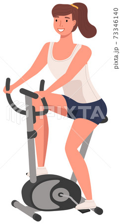 Woman doing cycling exercise. Illustration of woman with bike trainer doing sports isolated on white Woman doing cycling exercise. Illustration of woman with bike trainer doing sports isolated on white 73346140