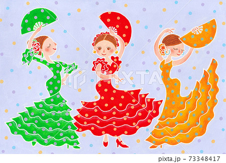 カラフルな水玉のドレスでフラメンコを踊る三人の女の子のイラスト素材