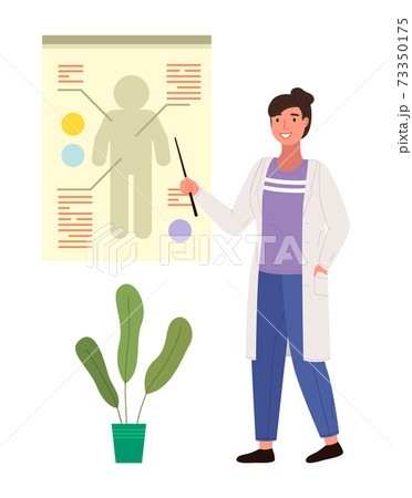 Doctor with pointer leads clarification on human body. Woman in medical gown points to a silhouette Doctor with pointer leads clarification on human body. Woman in medical gown points to a silhouette 73350175
