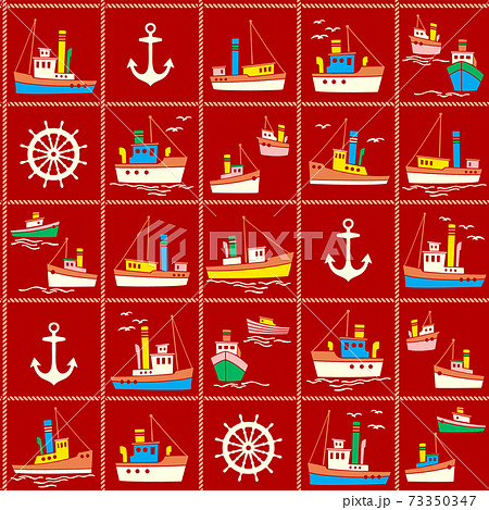 港で働く船のシームレス柄, 73350347
