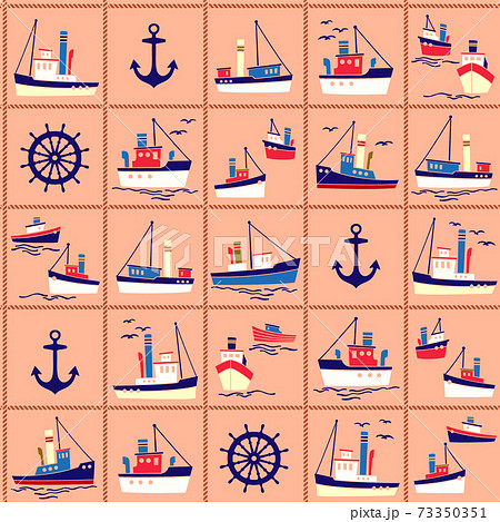 港で働く船のシームレス柄, 73350351