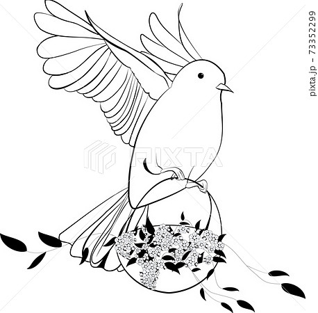 Line art dove with flowers vector monochrome illustration, black and white sign isolated on white background. Flying bird. 73352299