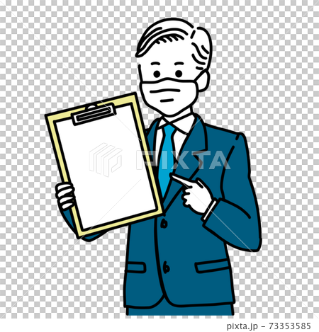 A businessman in a suit wearing a mask and pointing at the clipboard A businessman in a suit wearing a mask and pointing at the clipboard 73353585