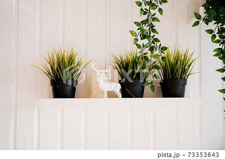 artificial flowers in pots on shelves against the white wall. 73353643