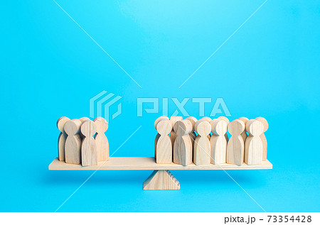 Majority and minority people are on opposite sides of the scale. Division of public opinion. Political process, democratic elections. Social studies statistics. Collective opinion polls. Support Group 73354428