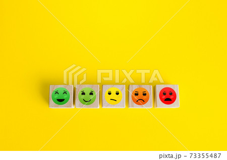 Mood faces from happy to angry on wooden blocks. Concept of rating, review. Visitor satisfaction with the services received. Quality assessment, meeting expectations. Communication and feedback. Mood faces from happy to angry on wooden blocks. Concept of rating, review. Visitor satisfaction with the services received. Quality assessment, meeting expectations. Communication and feedback. 73355487