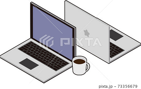 線ありのパソコンとコーヒーの背景透過素材のイラスト素材