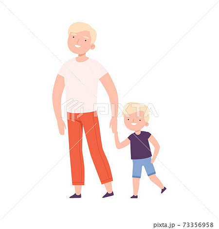 Dad Taking his Son to the School or Kindergarten, Parent and Kid Walking Together, Happy Parenthood Cartoon Style Vector Illustration Dad Taking his Son to the School or Kindergarten, Parent and Kid Walking Together, Happy Parenthood Cartoon Style Vector Illustration 73356958