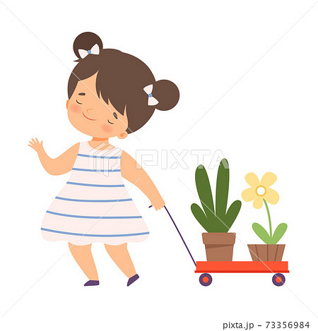 Cute Girl Pulling Wooden Cart with Plants in Pots, Kid Helping Save the World, Nature and Ecology Protection Cartoon Style Vector Illustration Cute Girl Pulling Wooden Cart with Plants in Pots, Kid Helping Save the World, Nature and Ecology Protection Cartoon Style Vector Illustration 73356984
