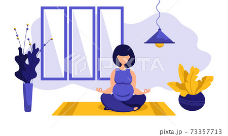 Young pregnant girl in the lotus position meditates in a room in a cozy home. Beautiful eco plants in pots, decor paintings in the interior. Active woman exercising on the mat. Vector illustration, Young pregnant girl in the lotus position meditates in a room in a cozy home. Beautiful eco plants in pots, decor paintings in the interior. Active woman exercising on the mat. Vector illustration, 73357713