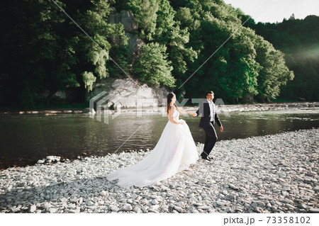 Wedding couple holding hands, groom and bride together on wedding day 73358102