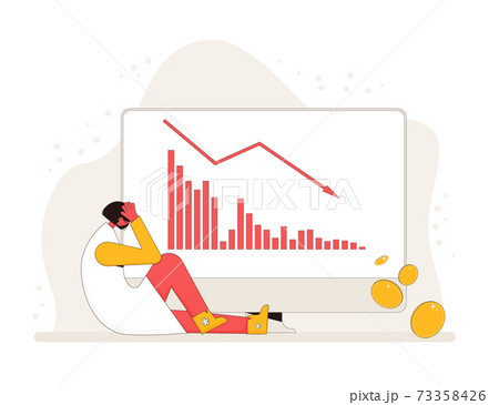 Stock market crash. Investor lost money. Sad and disappointed shareholder sitting on the floor with graph fall down at computer screen. Bankrupt woman. Economic and financial crisis. Vector concept. 73358426