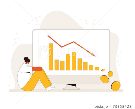 Stock market crash. Investor lost money. Upset young female shareholder sitting on the floor with graph fall down at computer screen. Bankrupt. Economic and financial crisis. Vector illustration. Stock market crash. Investor lost money. Upset young female shareholder sitting on the floor with graph fall down at computer screen. Bankrupt. Economic and financial crisis. Vector illustration. 73358428