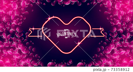 Valentines day greeting horizontal banner with pink neon heart and glowing pink petals isolated on background. Valentines day poster or greeting card with shiny pink layout and beautiful heart Valentines day greeting horizontal banner with pink neon heart and glowing pink petals isolated on background. Valentines day poster or greeting card with shiny pink layout and beautiful heart 73358912