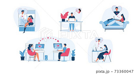 Flat cartoon characters couple in love communicate online,Valentine Day greeting card vector illustration set concept Flat cartoon characters couple in love communicate online,Valentine Day greeting card vector illustration set concept 73360047