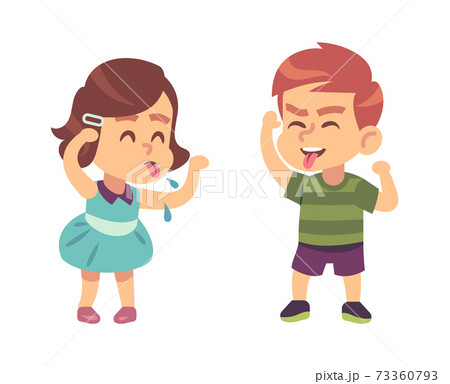 Boy and girl teasing each other. Naughty preschooler show tongue, happy children funny games, bad manners kids conflict on playground or kindergarten vector isolated illustration 73360793