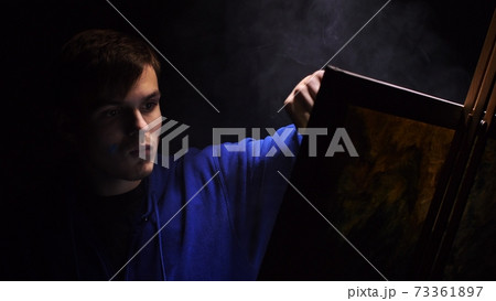 Artist copyist paint seascape with ship in ocean. Vaper smoke vape e-cigarette. Craftsman decorator draw as boat sail on blue sea with acrylic color. Artist copyist paint seascape with ship in ocean. Vaper smoke vape e-cigarette. Craftsman decorator draw as boat sail on blue sea with acrylic color. 73361897