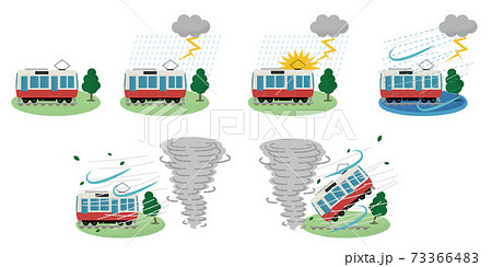 雷雨 竜巻の被害に遭う電車のベクターイラストのイラスト素材