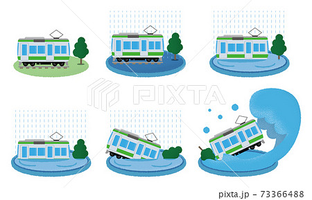 大雨の被害に遭う電車のベクターイラストセットのイラスト素材