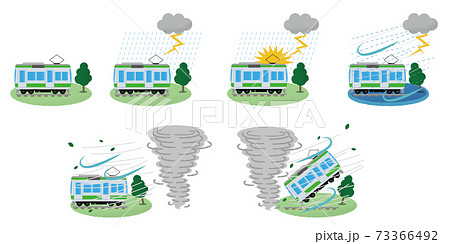 雷雨 竜巻の被害に遭う電車のベクターイラストセットのイラスト素材