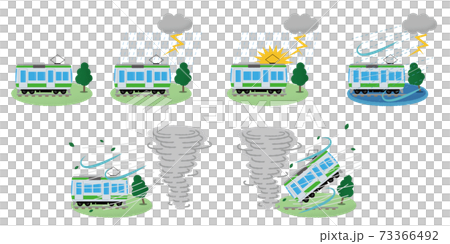 Vector illustration set of trains damaged by thunderstorms and tornadoes Vector illustration set of trains damaged by thunderstorms and tornadoes 73366492