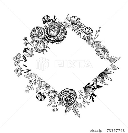 Cute rhombus vintage floral frame. Hand drawn illustration in engraving style. 73367748